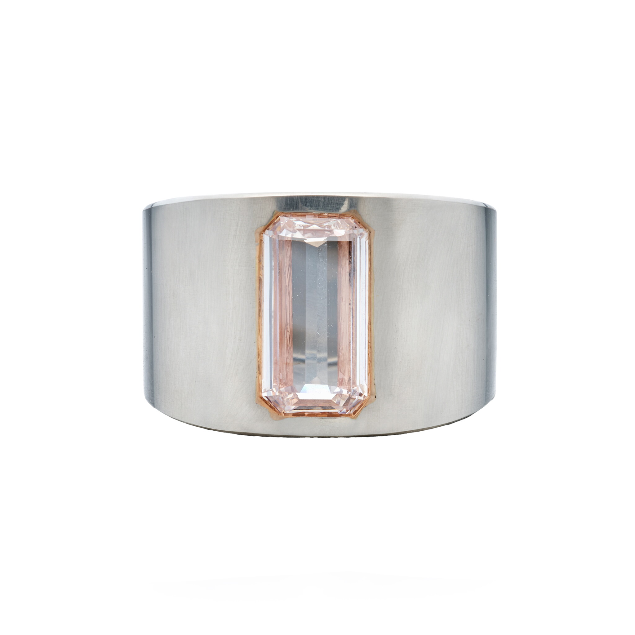 Platinum, Rose Gold and 2.01ct Emerald Cut Faint Pink Diamond Cigar Band Ring — view 1