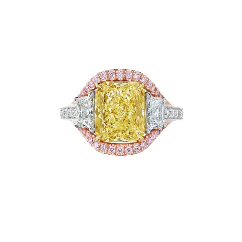 Platinum, Rose Gold, Gold, 3.77ct Radiant Cut Fancy Light Yellow Diamond, Pink Diamond and Diamond Ring