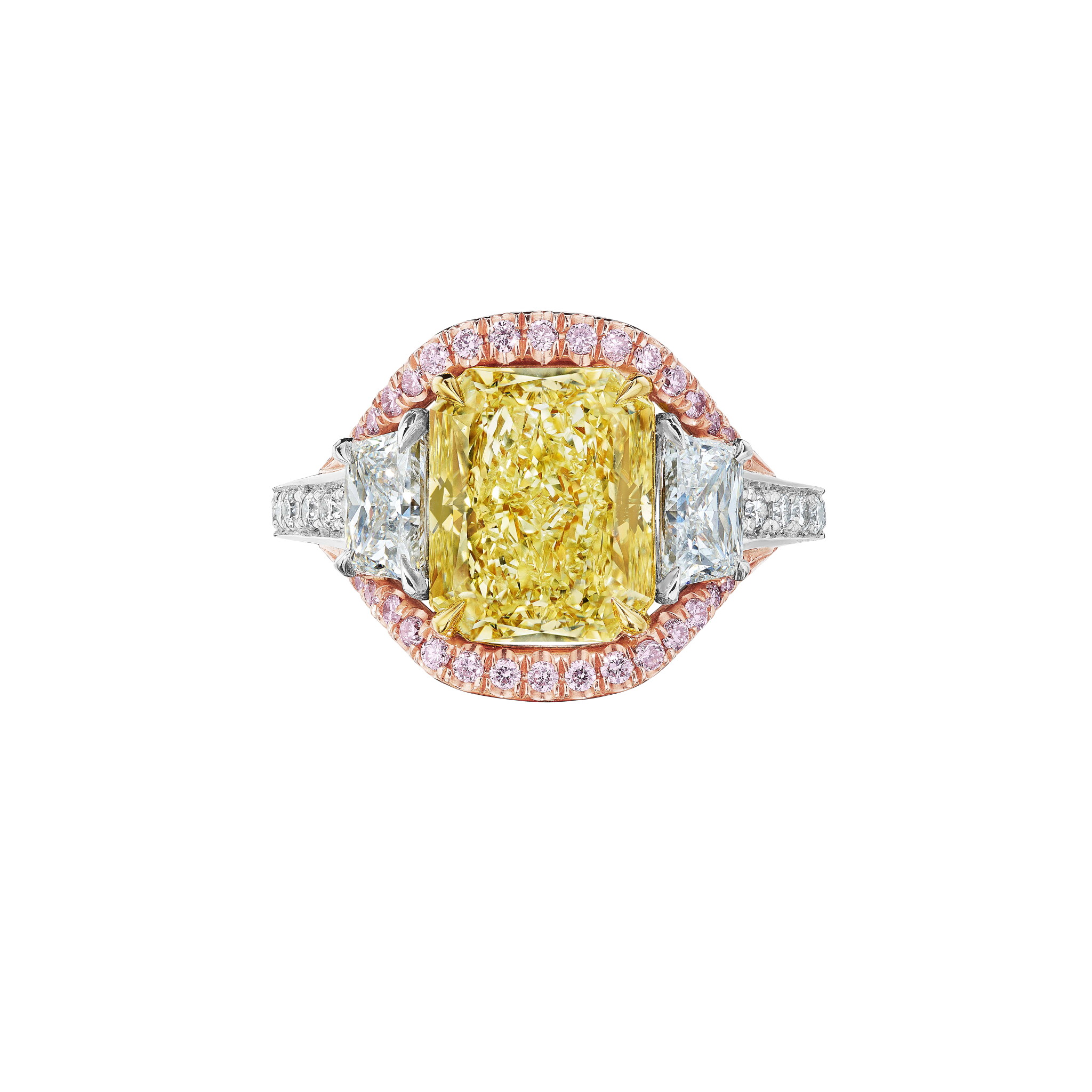 Platinum, Rose Gold, Gold, 3.77ct Radiant Cut Fancy Light Yellow Diamond, Pink Diamond and Diamond Ring — view 1