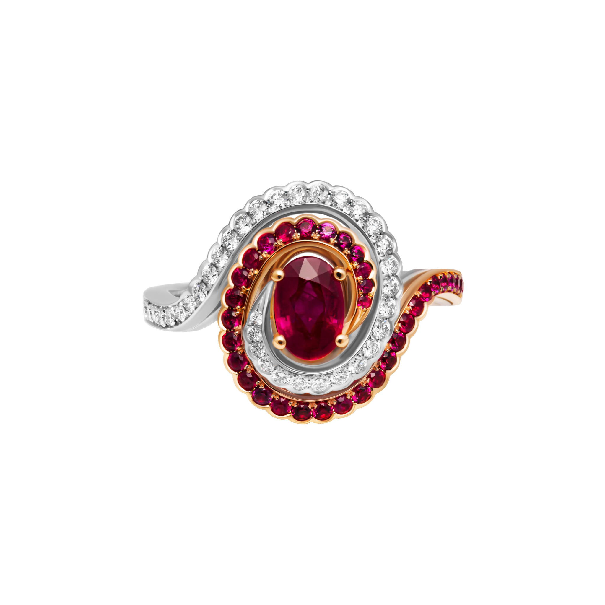 Platinum, Rose Gold, Ruby and Diamond Ring — view 1