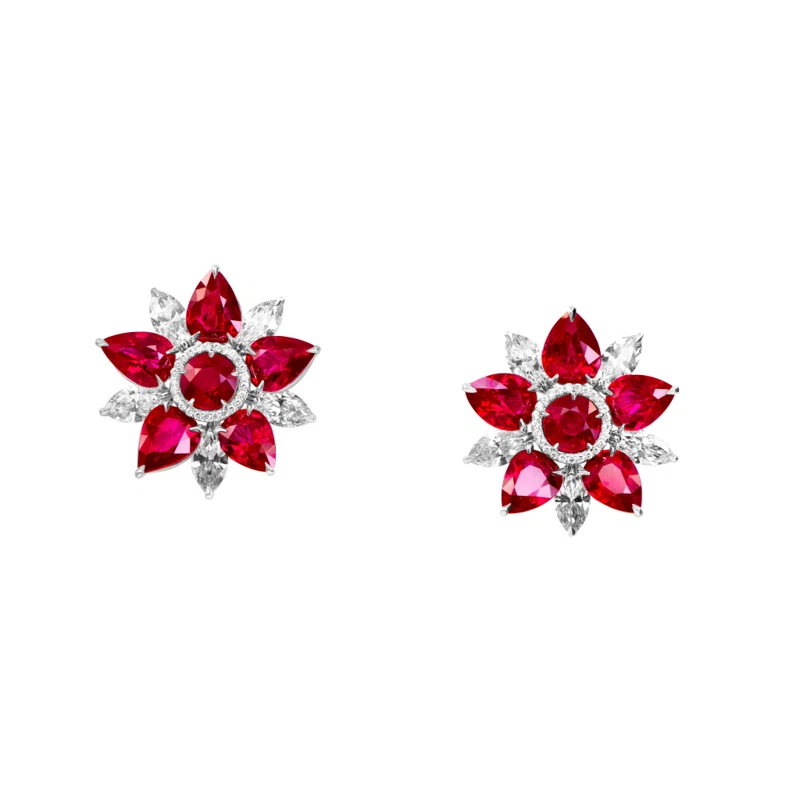 Platinum, 14.56ct Burmese Ruby and Diamond Flower Earclips 