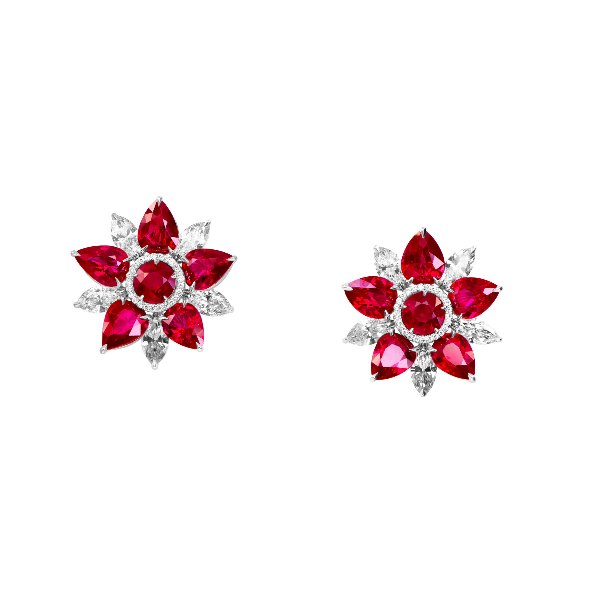 Platinum, 14.56ct Burmese Ruby and Diamond Flower Earclips  — view 1