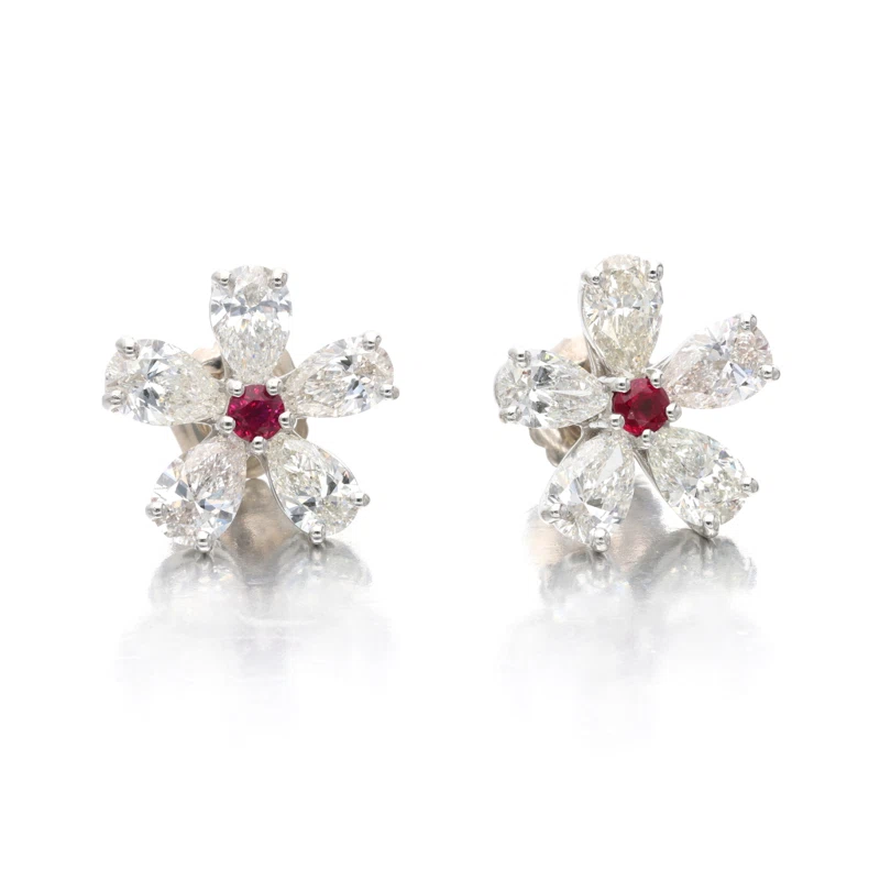 Platinum, Ruby and Diamond Flower Earrings