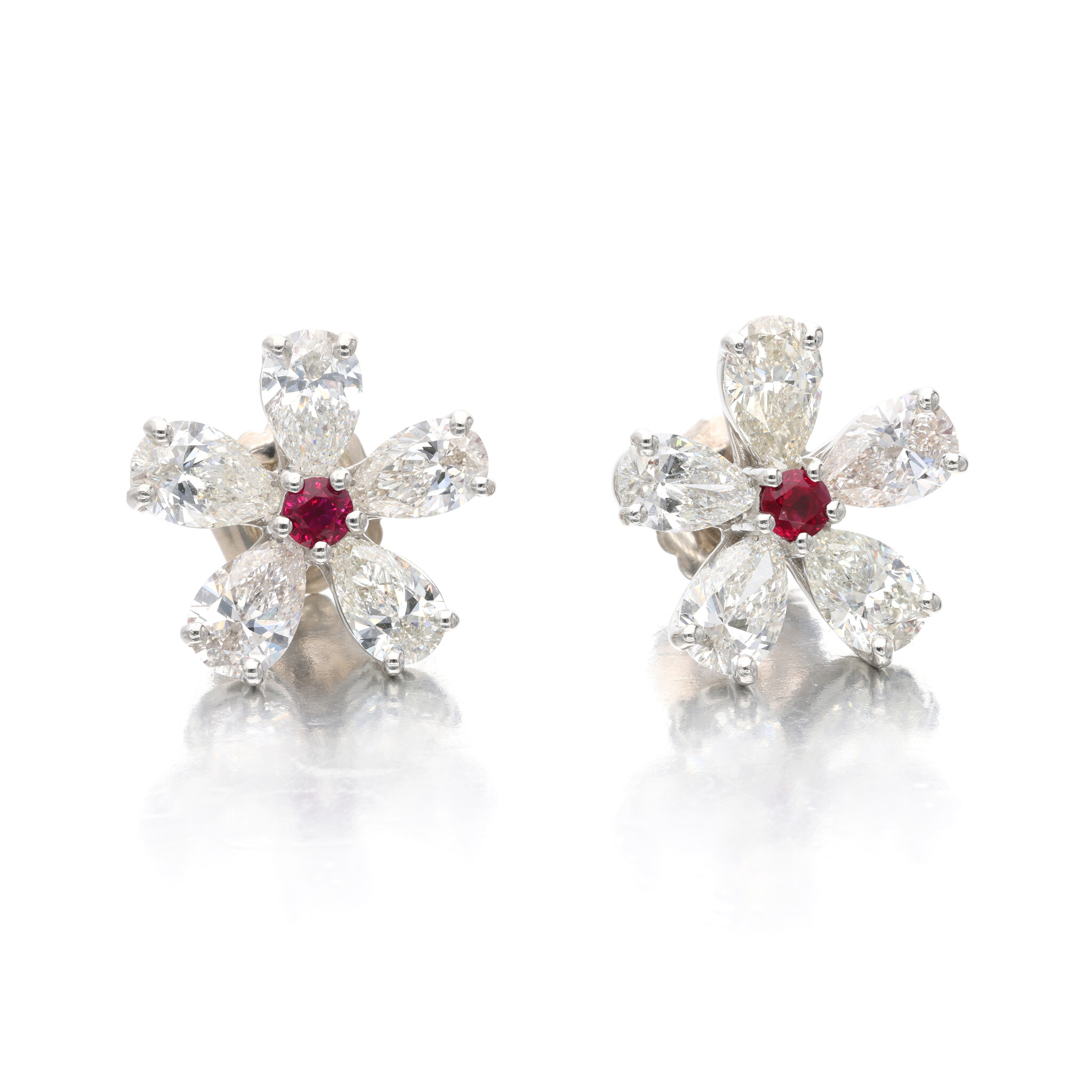 Platinum, Ruby and Diamond Flower Earrings — view 1