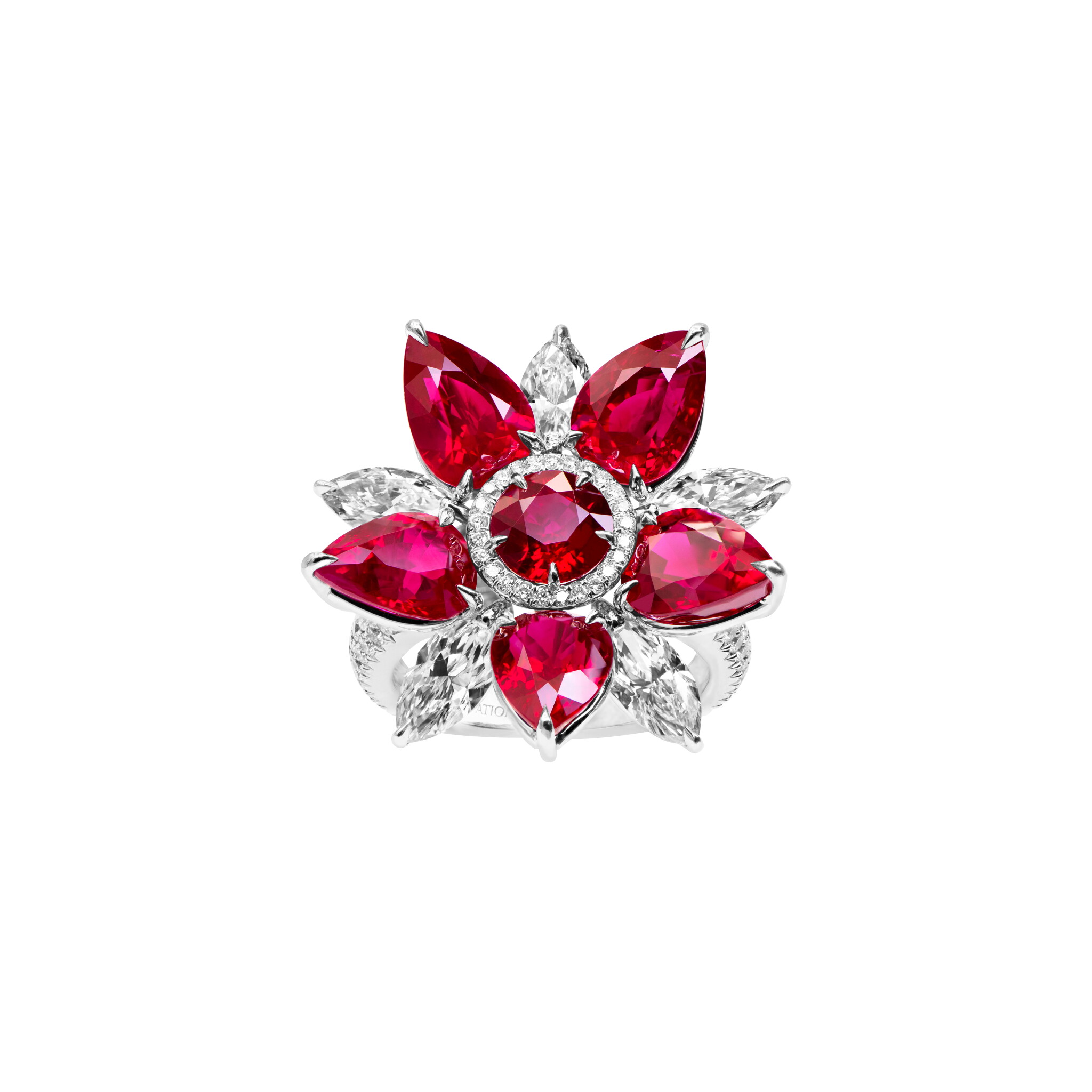 Platinum, 10.54ct Burmese Ruby and Diamond Flower Ring  — view 1