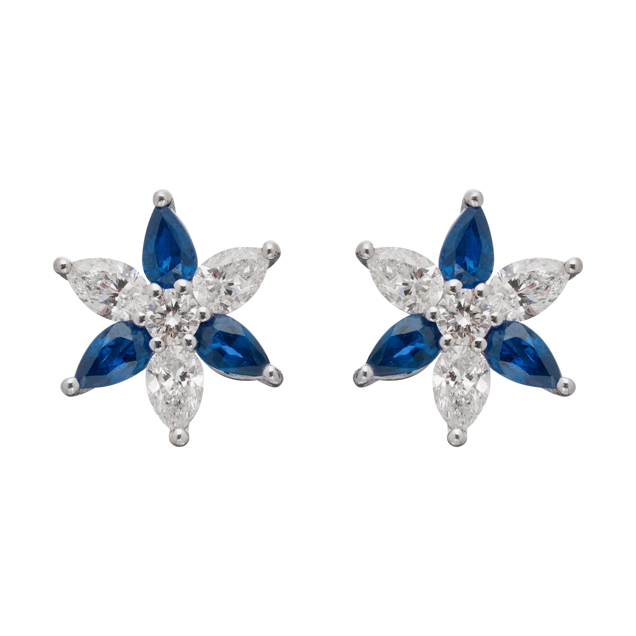 Platinum, Sapphire and Diamond Floral Stud Earrings — view 1
