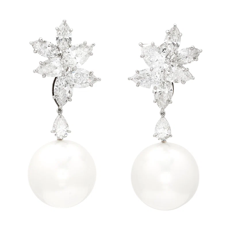 Platinum, South Sea Cultured Pearl and Diamond Cluster Earrings