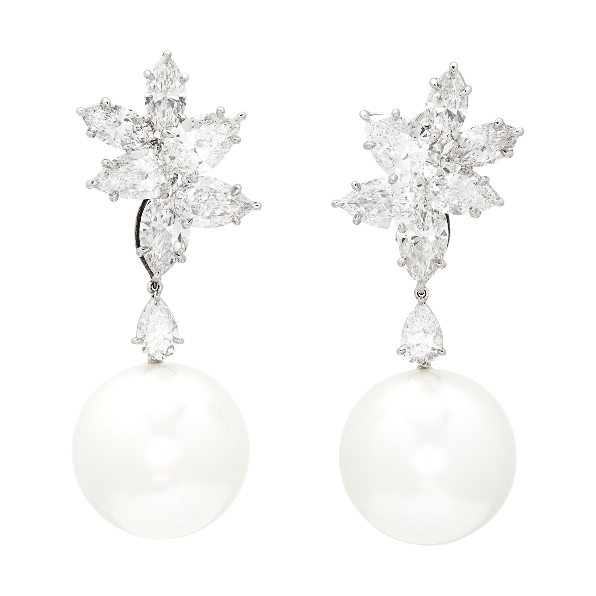 Platinum, South Sea Cultured Pearl and Diamond Cluster Earrings — view 1