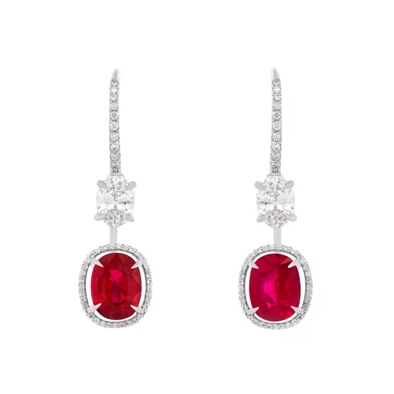 Platinum, White Gold, 3.01ctw Burmese Pigeon's Blood Ruby and Diamond Earrings
