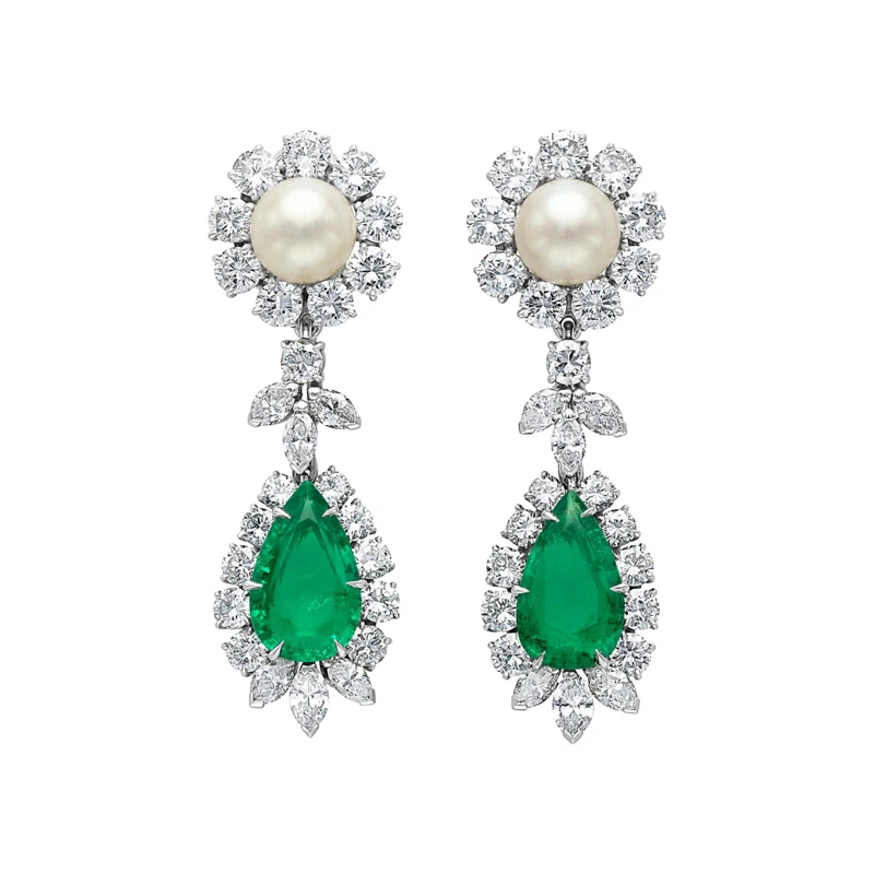 Platinum, White Gold, 6.50ctw Colombian Emerald, Cultured Pearl and Diamond Convertible Earclips