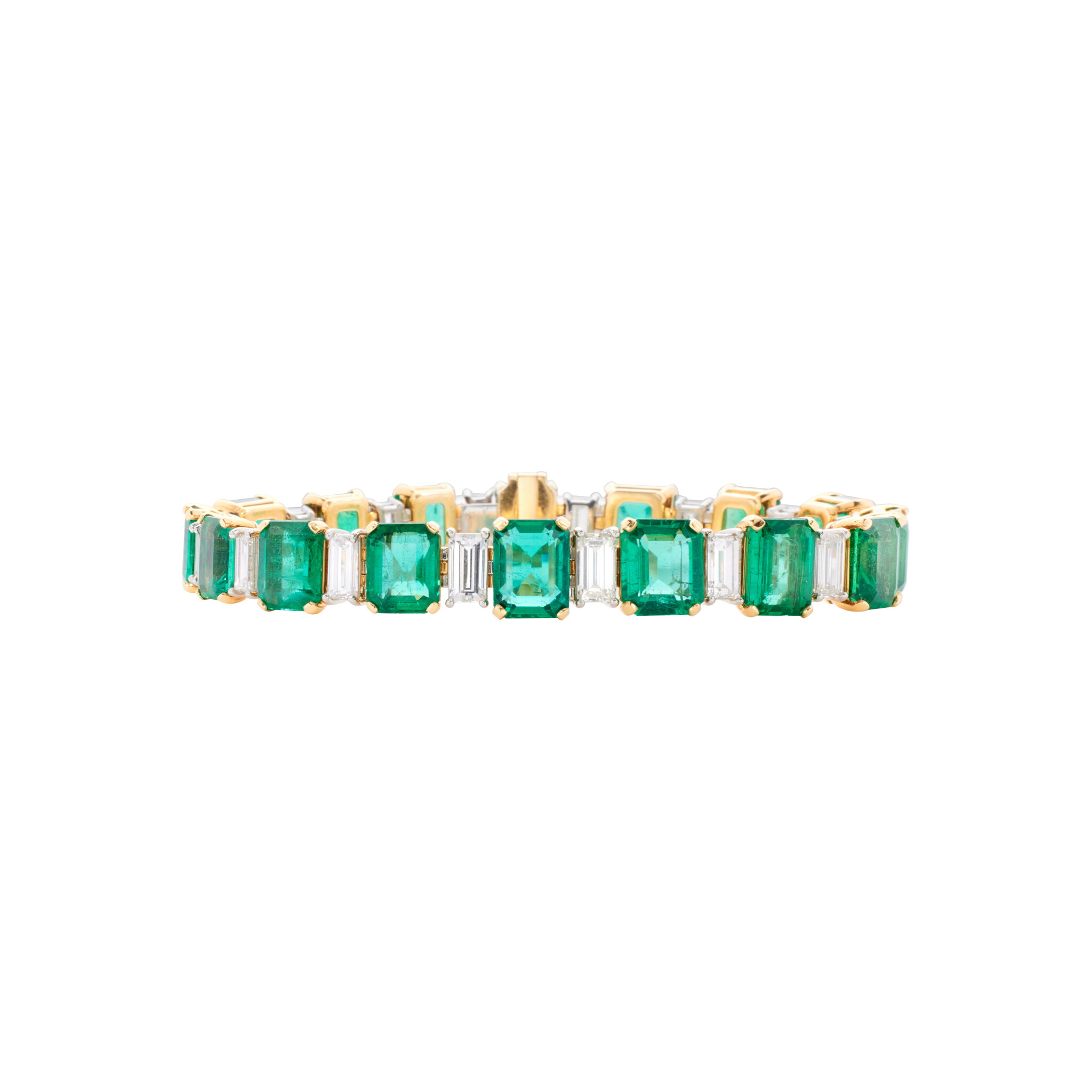 Platinum, Gold, 38.63ctw Zambian Emerald and Diamond Tennis Bracelet — view 1