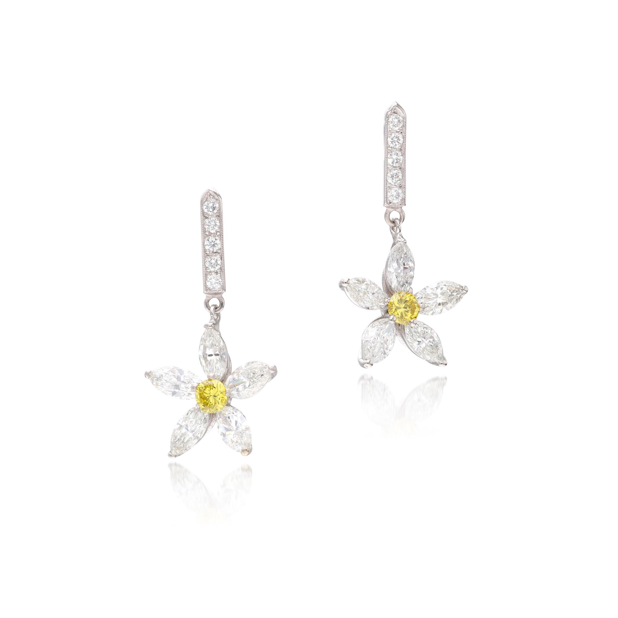 Platinum, Yellow Diamond and Diamond Drop Earrings — view 1