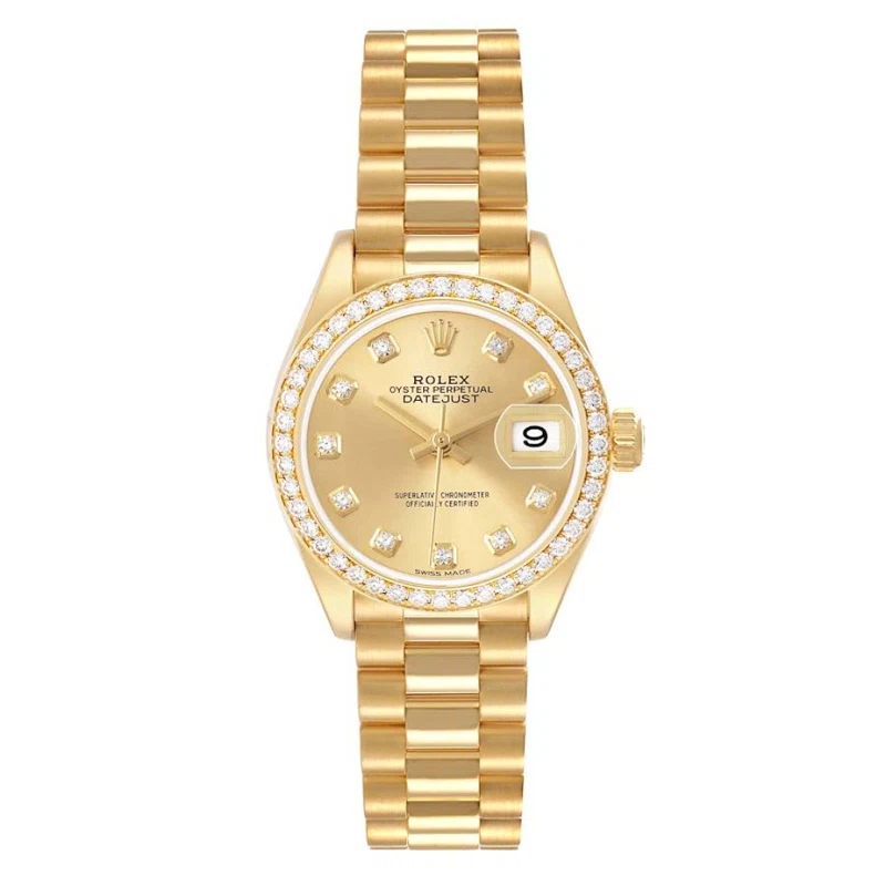 President Datejust (Reference 279138). A 28mm yellow gold diamond-set automatic wristwatch with date.