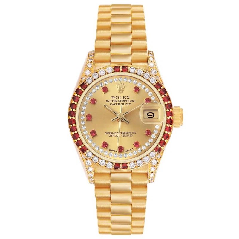 President Datejust (Reference 69038). A 26mm yellow gold diamond and ruby-set automatic wristwatch with date. 1987-1988