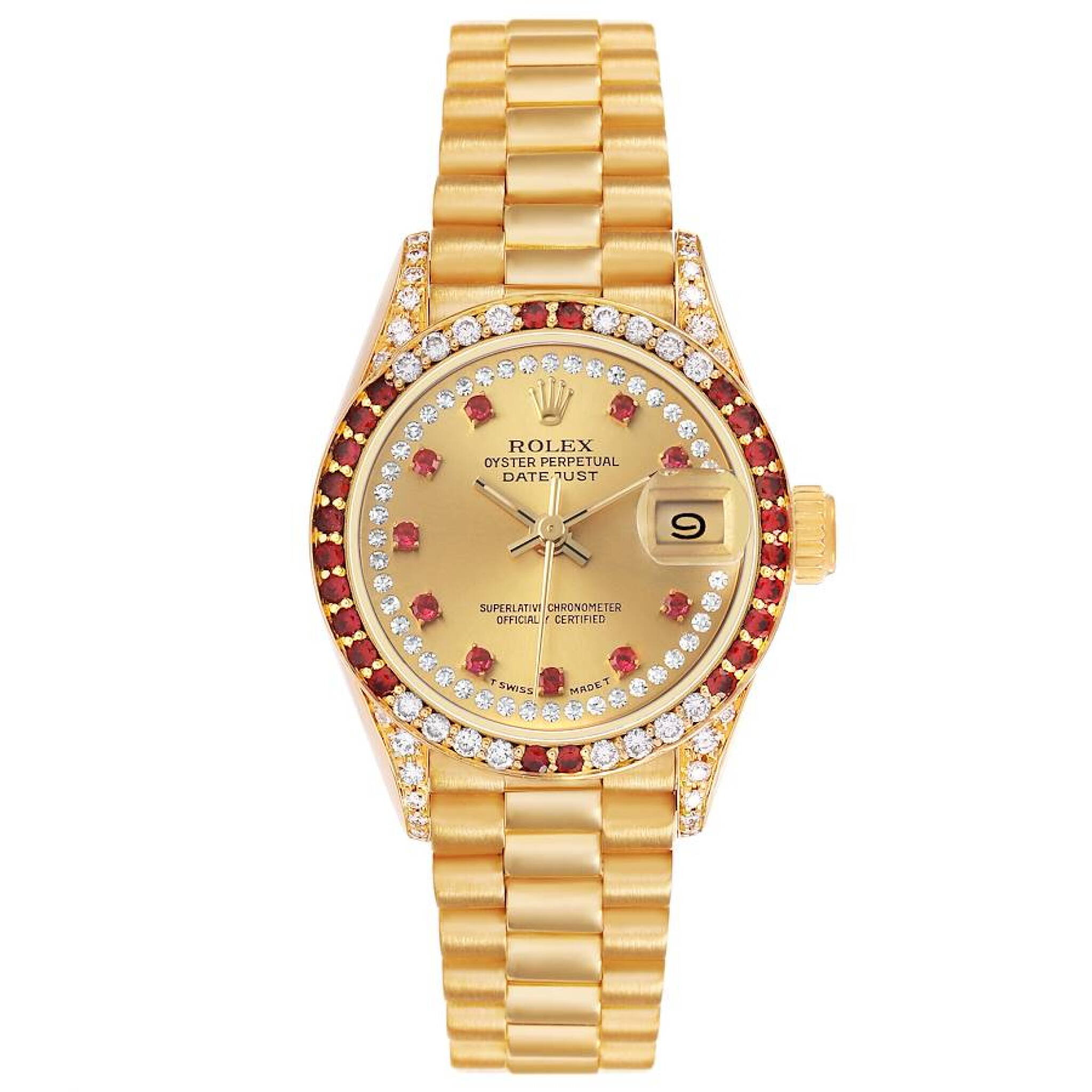 President Datejust (Reference 69038). A 26mm yellow gold diamond and ruby-set automatic wristwatch with date. 1987-1988 — view 1