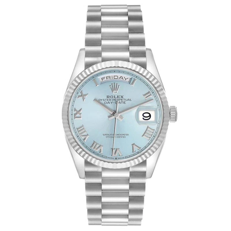 President Day-Date 'Ice Blue' Dial (Reference 128236). A 36mm platinum automatic wristwatch with date and day. 2022