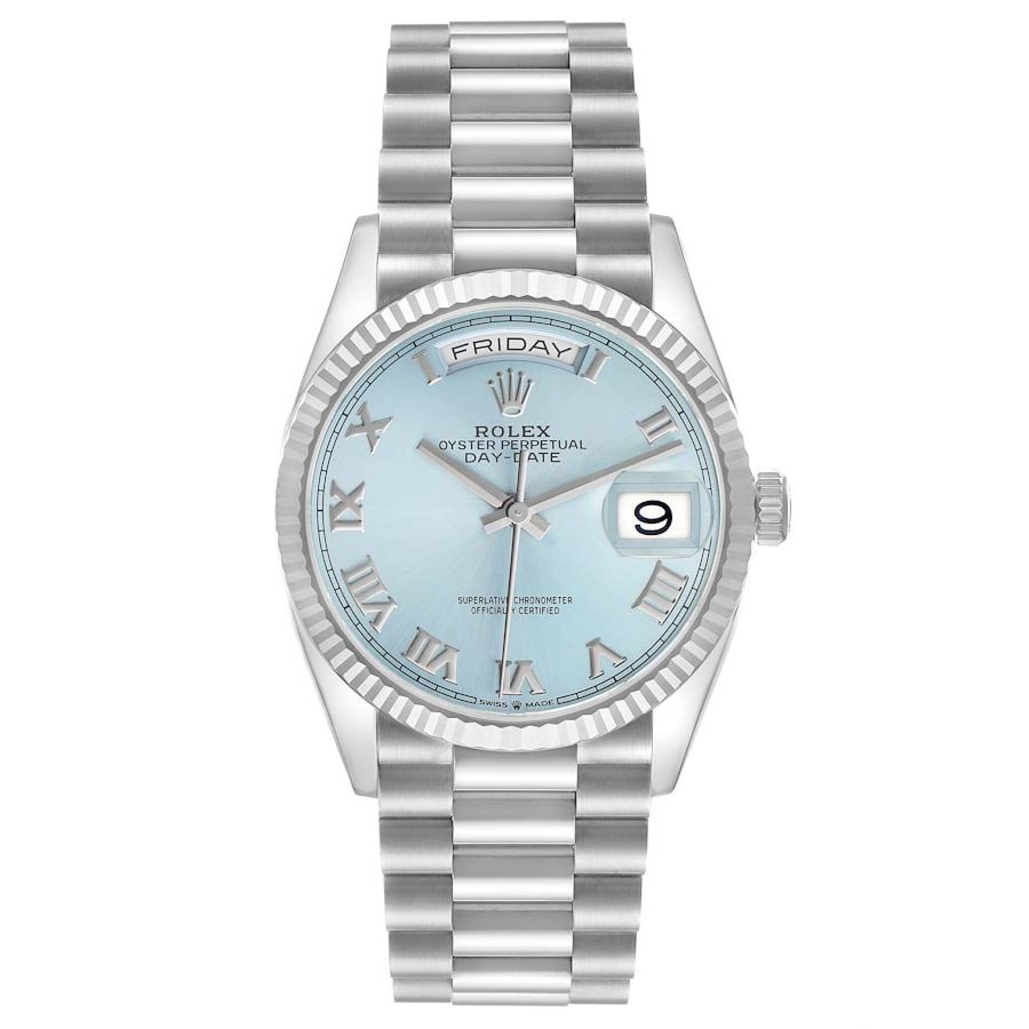 President Day-Date 'Ice Blue' Dial (Reference 128236). A 36mm platinum automatic wristwatch with date and day. 2022 — view 1