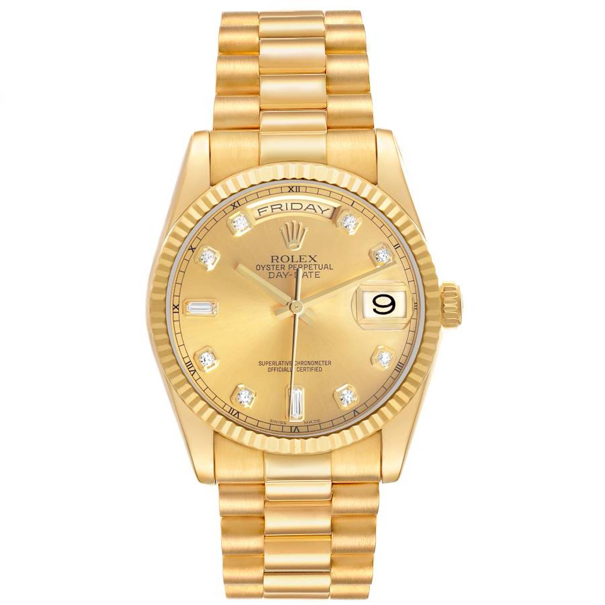President Day-Date (Reference 118238). A 36mm yellow gold diamond-set automatic wristwatch with date and day. 2008 — view 1