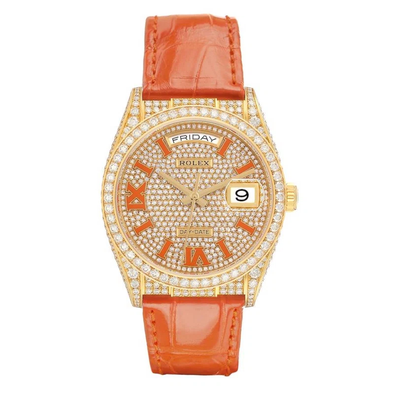 President Day-Date (المرجع 128158RBR). ساعة يد من الذهب الأصفر بقطر 36mm، مرصّعة بالألماس، بحركة أوتوماتيكية، مع التاريخ واليوم. 2024