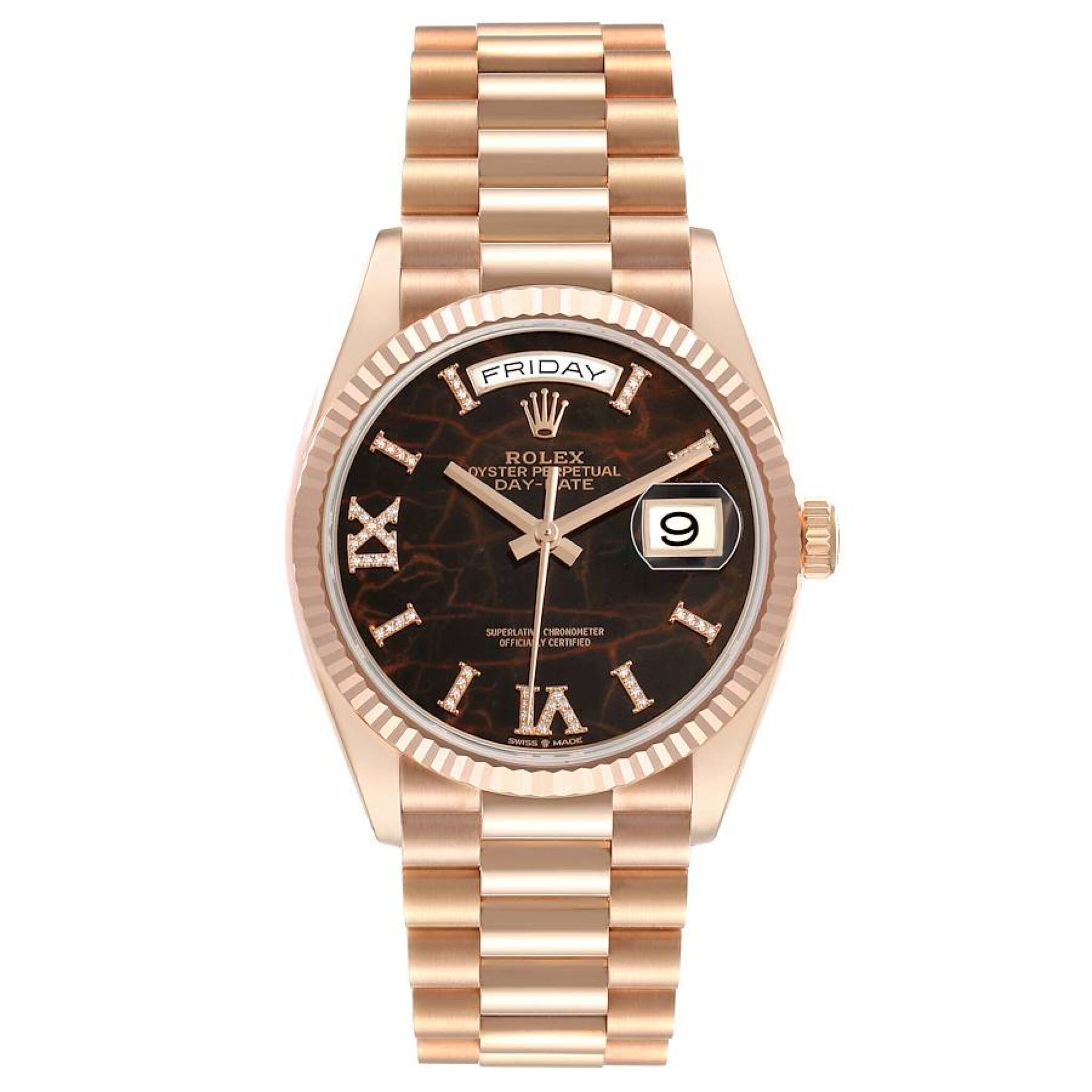 President Day-Date 'Eisenkiesel' Dial (Reference 128235). A 36mm rose gold diamond-set automatic wristwatch with date and day. 2022 — view 1