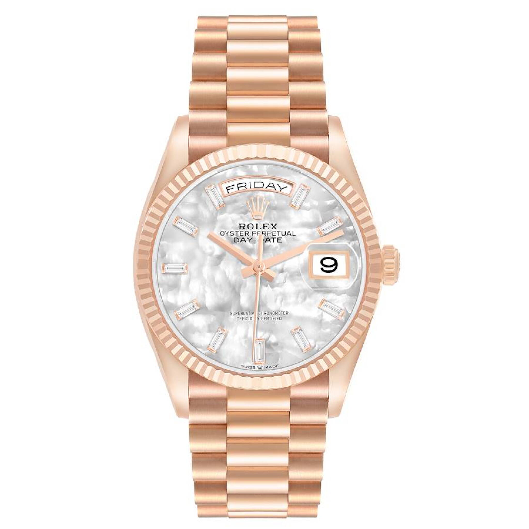 President Day-Date (Reference 128235). A 36mm rose gold diamond-set automatic wristwatch with date and day. 2024 — view 1