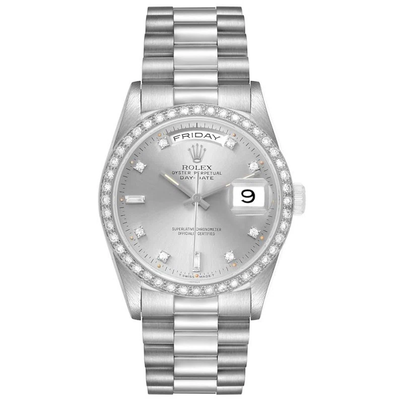 President Day-Date (المرجع 18349). ساعة يد من الذهب الأبيض بقطر 36mm، مرصّعة بالألماس، بحركة أوتوماتيكية، مع التاريخ واليوم. 1991-1992