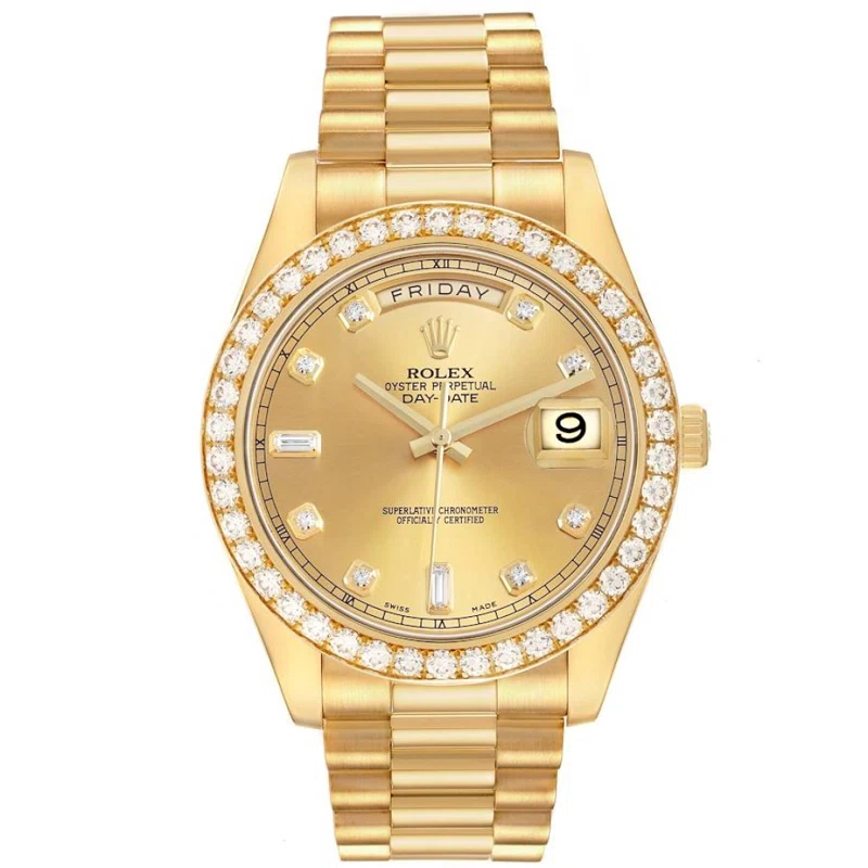 President Day-Date (Reference 218348). A 41mm yellow gold diamond-set automatic wristwatch with date and day. 2011