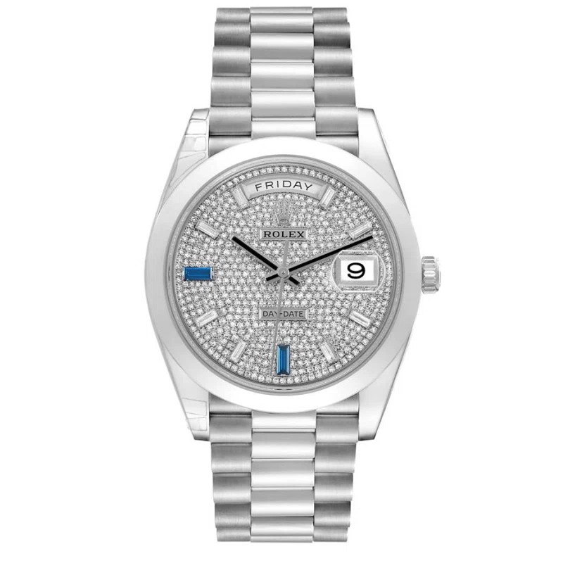 President Day-Date (المرجع 228206). ساعة يد من platinum & diamond sapphire-set بقطر 40mm، بحركة أوتوماتيكية، مع التاريخ واليوم. 2022