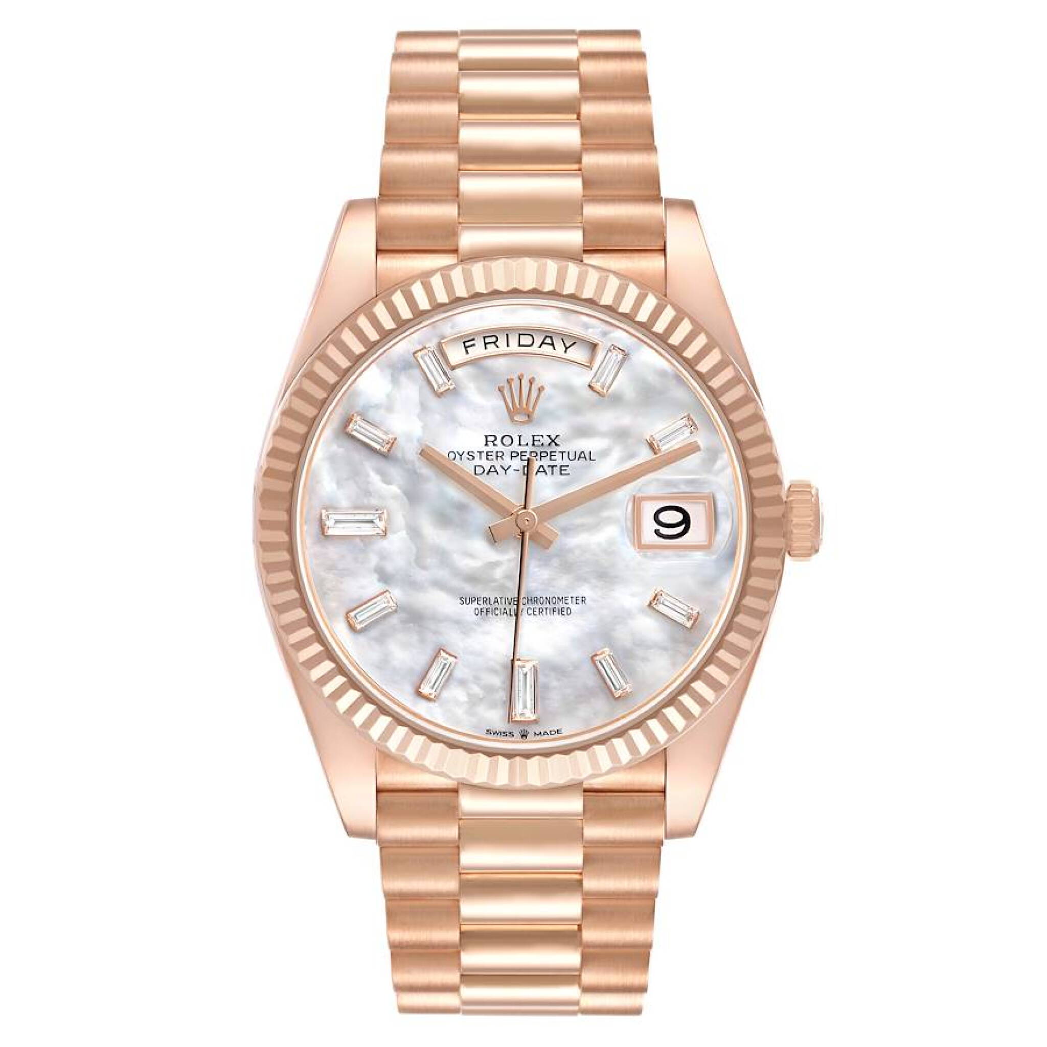 President Day-Date (Reference 228235). A 40mm rose gold diamond-set automatic wristwatch with date and day. 2025 — view 1