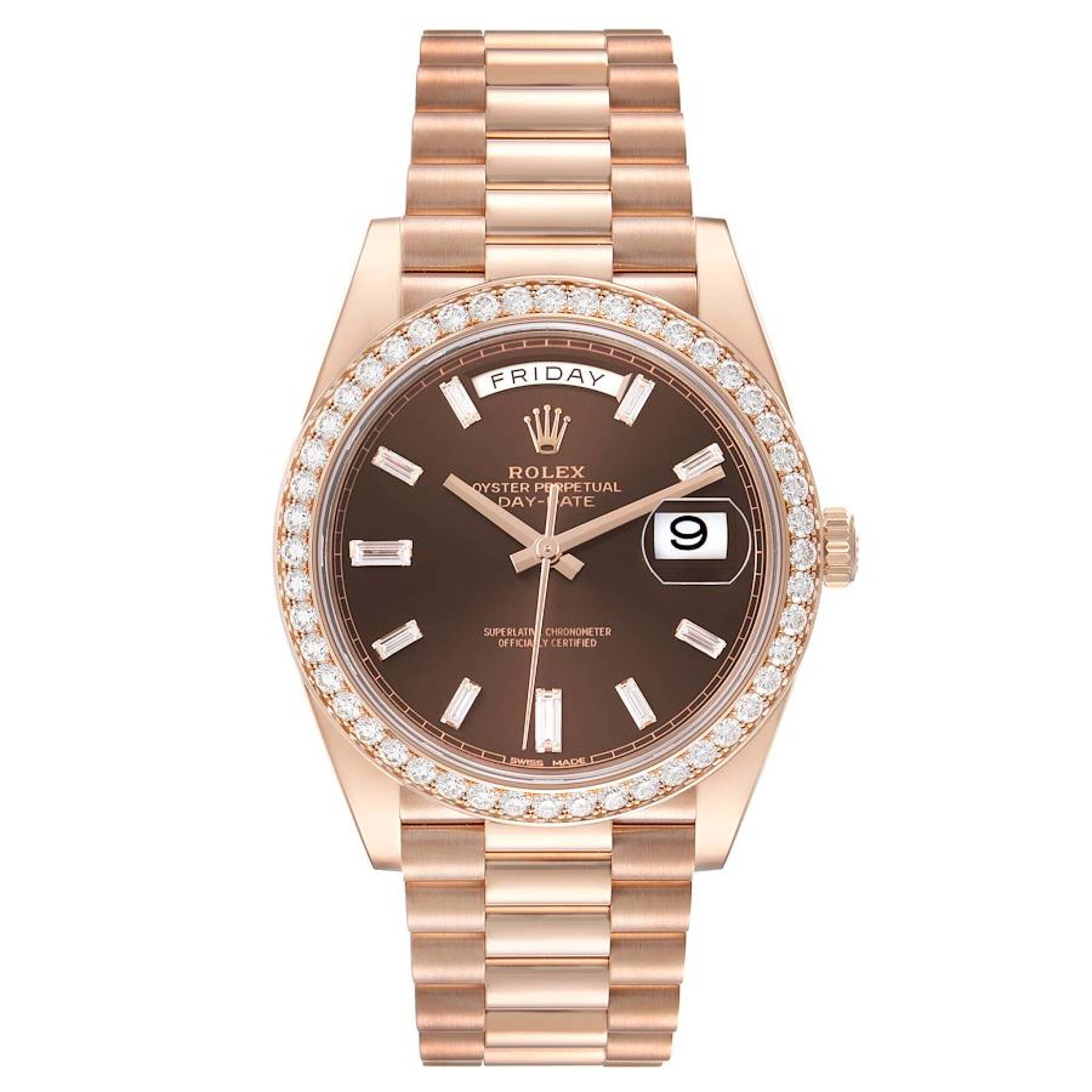 President Day-Date (Reference 228345). A 40mm rose gold diamond-set automatic wristwatch with date and day. — view 1