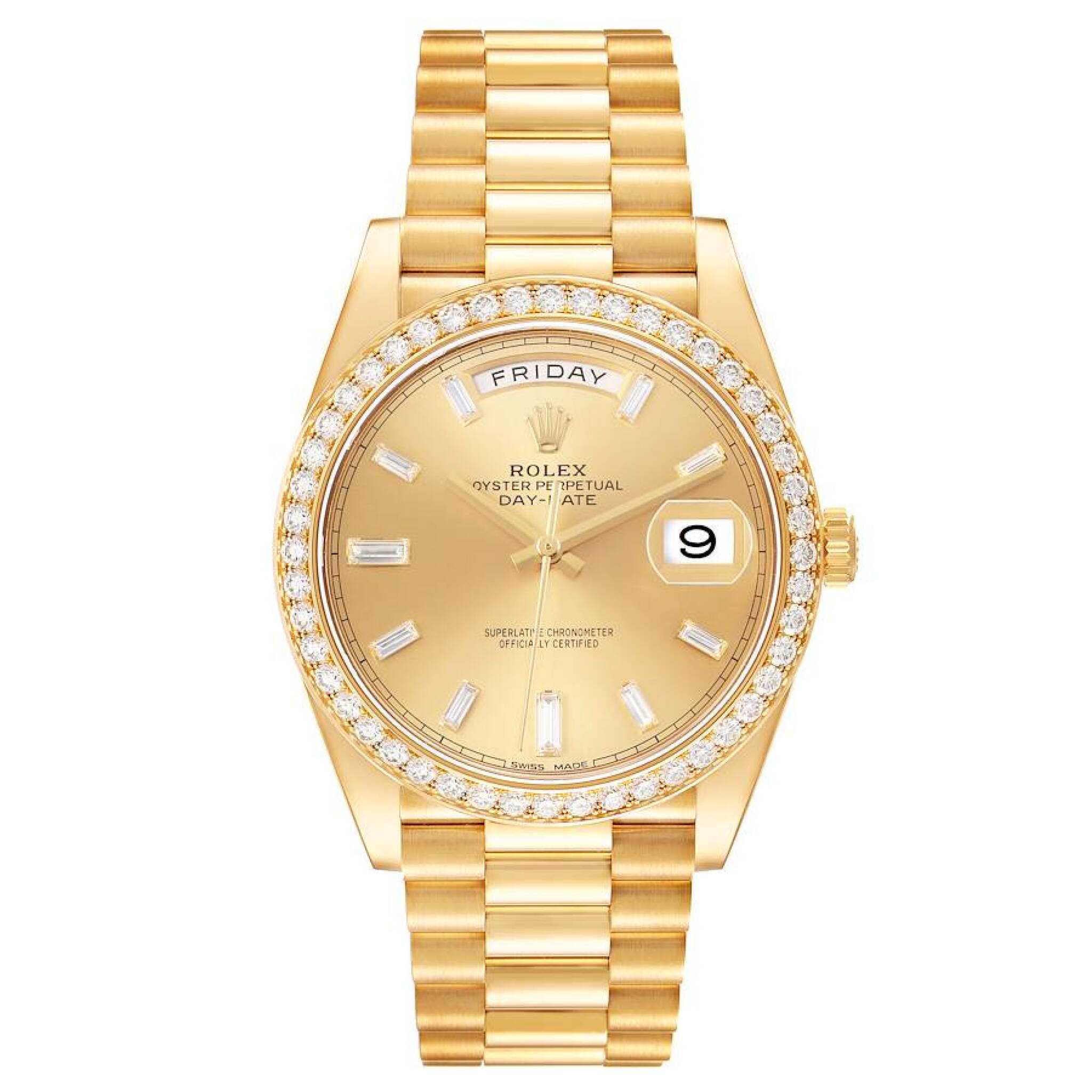 President Day-Date (Reference 228348RBR). A 40mm yellow gold diamond-set automatic wristwatch with date and day. 2018 — view 1