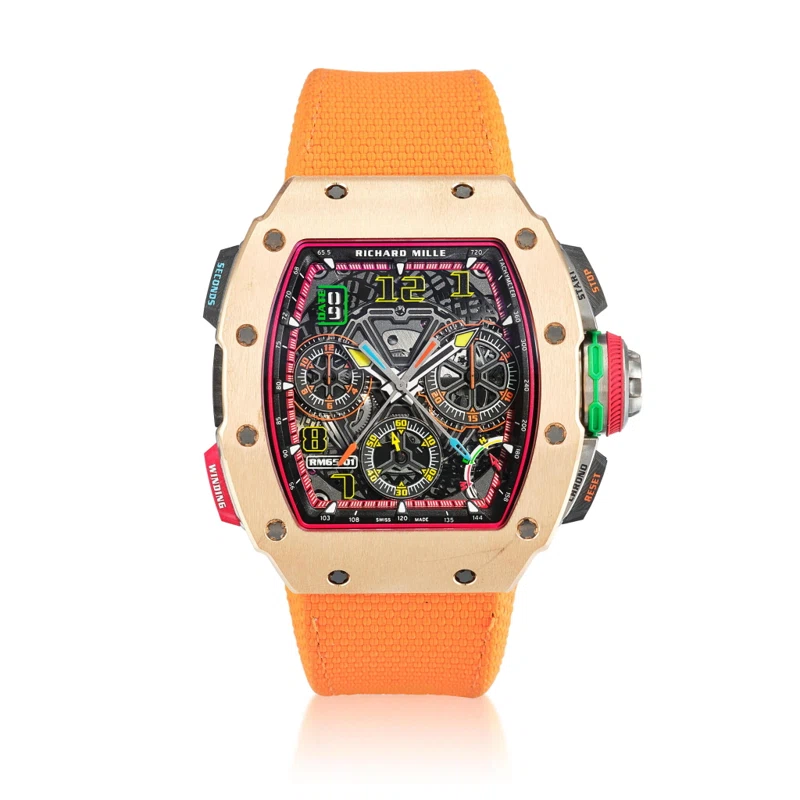 (Reference RM65-01). A rose gold semi-skeletonized split seconds chronograph automatic wristwatch with date and rapid winding mechanism. Circa 2022