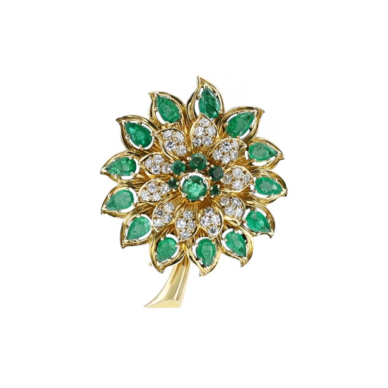 Vintage Gold, Emerald and Diamond Chouquette Brooch