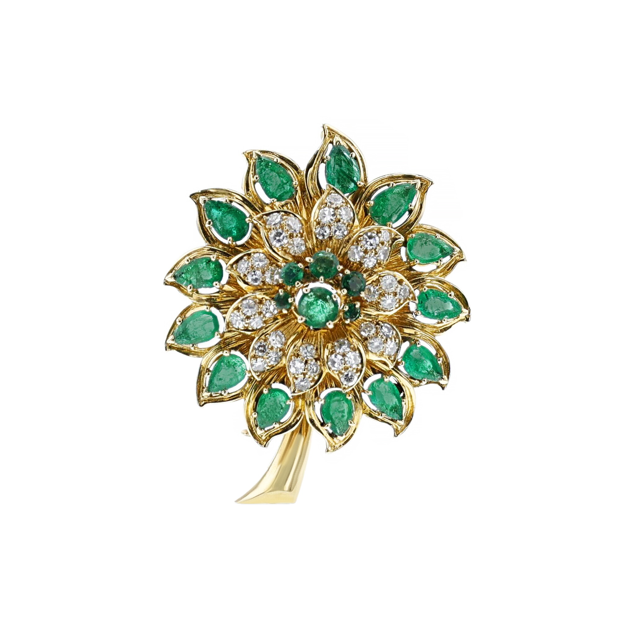 Vintage Gold, Emerald and Diamond Chouquette Brooch  — view 1