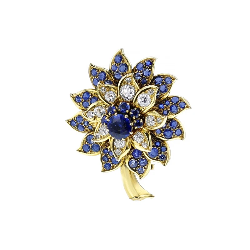 Vintage Gold, Sapphire and Diamond Flower Brooch