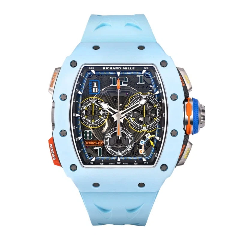 RM 65-01 Pastel Blue (المرجع RM 65-01). ساعة يد من quartz TPT carbon بقطر 49.9mm، بحركة أوتوماتيكية، مع التاريخ وكرونوغراف بأجزاء الثانية. 2024