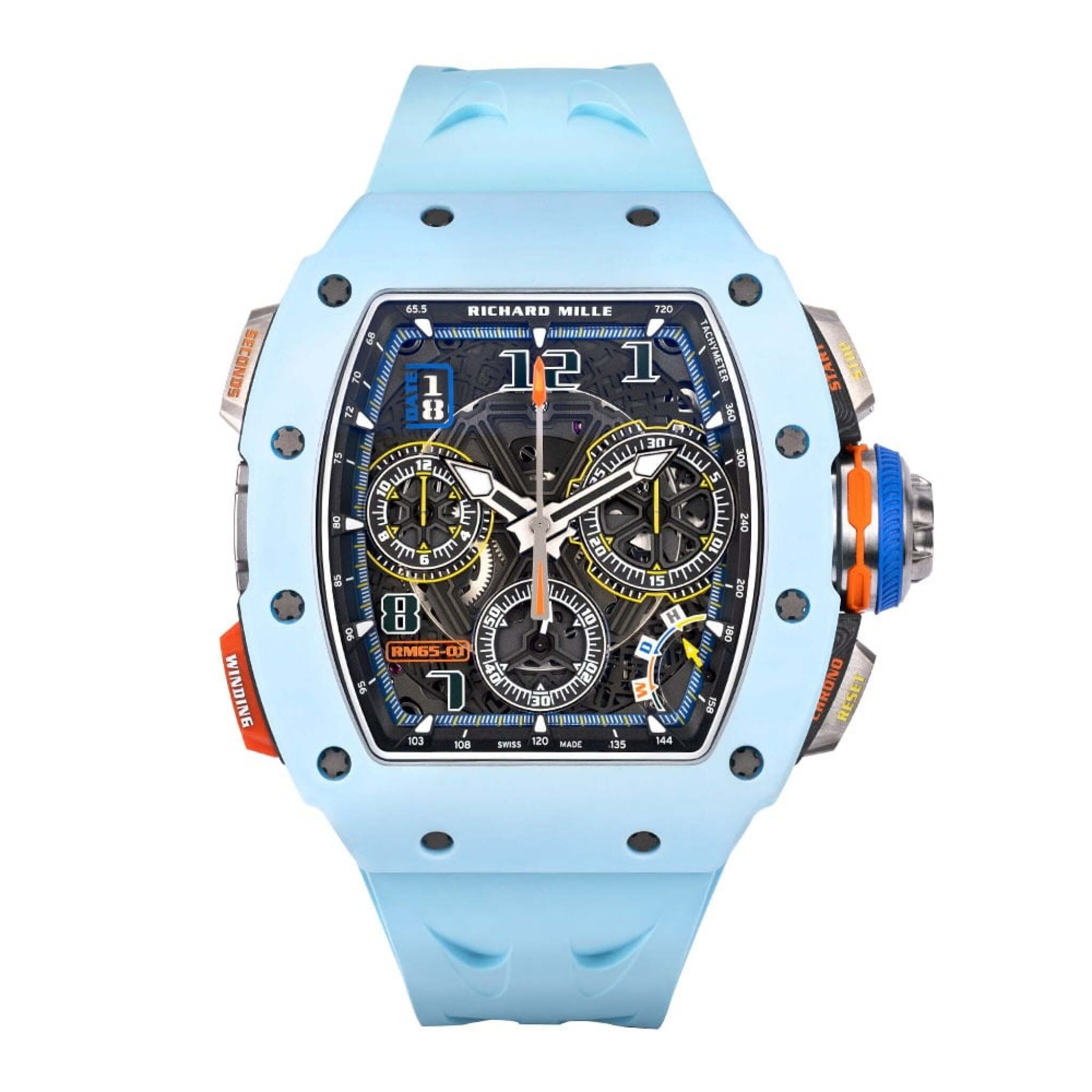 RM 65-01 Pastel Blue (Reference RM 65-01). A 49.9mm quartz TPT carbon automatic wristwatch with date and split-seconds chronograph. 2024 — view 1