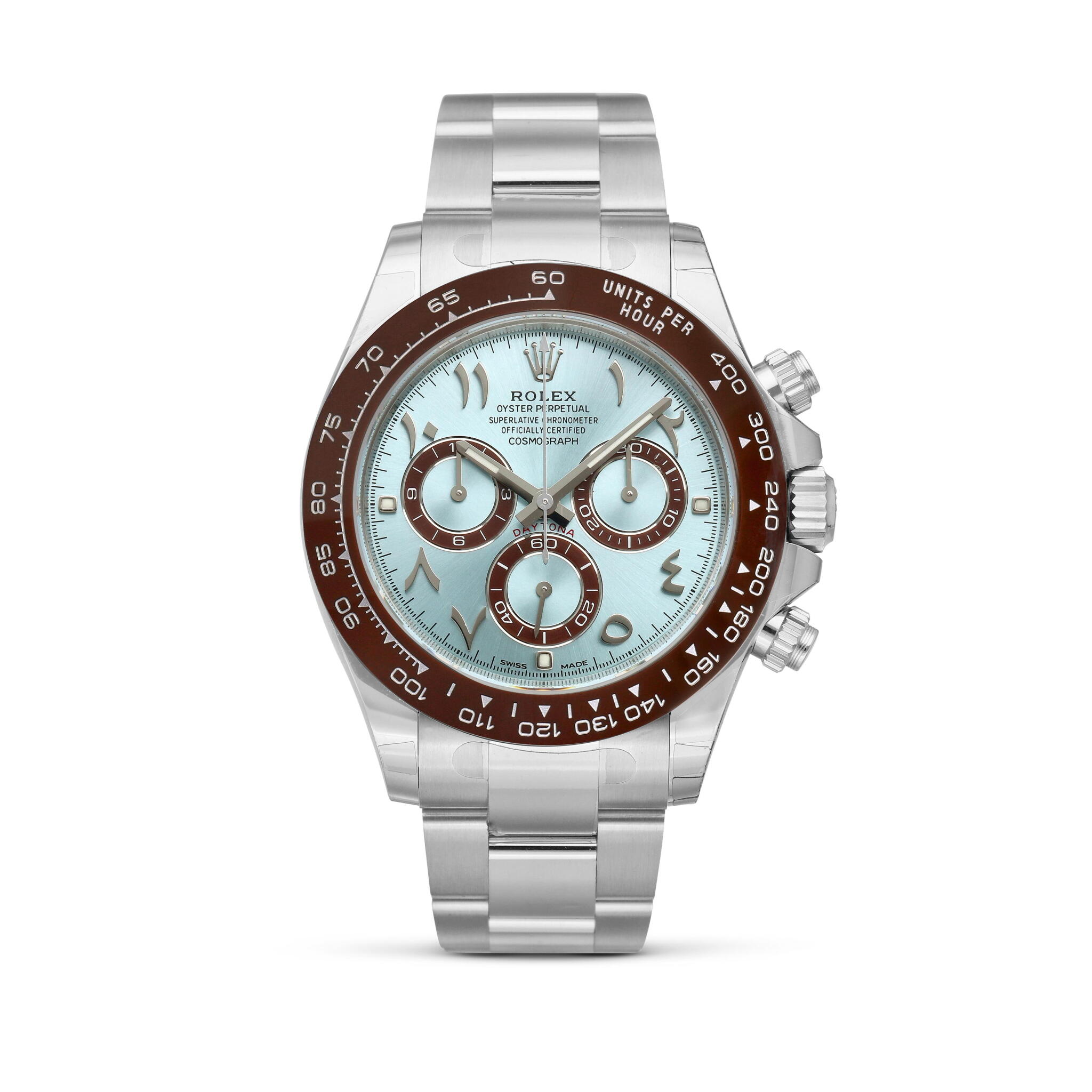Cosmograph Daytona (Reference 116506). A platinum chronograph automatic wristwatch with Arabic dial and bracelet. Circa 2023 — view 1