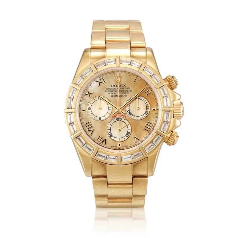 Cosmograph Daytona (Reference 116568). A 40mm yellow gold diamond-set automatic wristwatch with chronograph. Circa 2001
