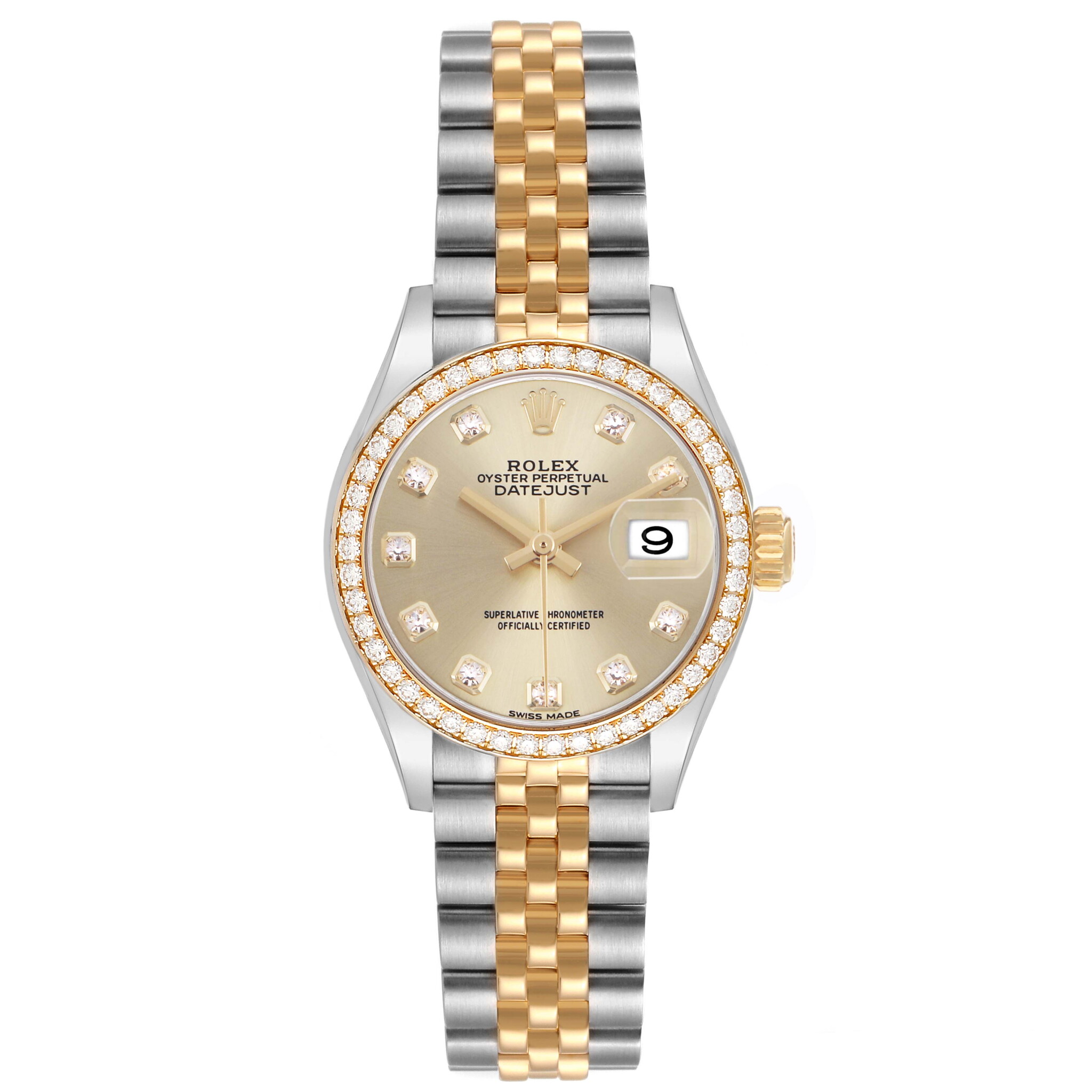 Datejust (Reference 279383RBR). A 28mm stainless steel yellow gold diamond-set wristwatch with date. 2019 — view 1