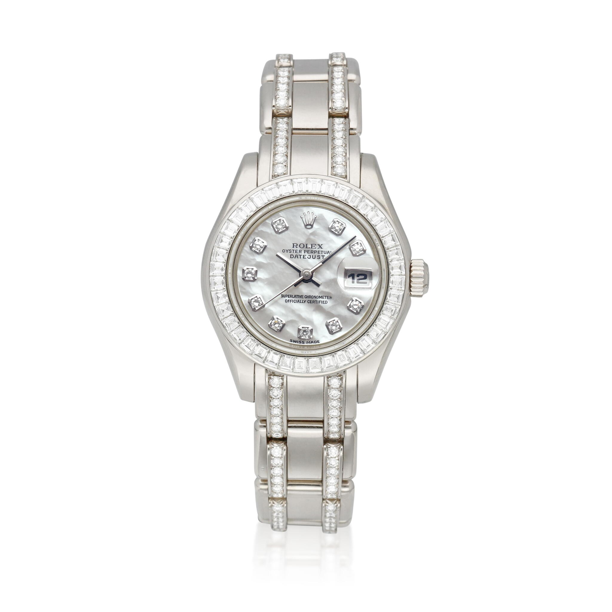 Datejust Pearlmaster (Reference 69309). A white gold diamond-set automatic wristwatch with mother-of-pearl dial and date. 1995 — view 1