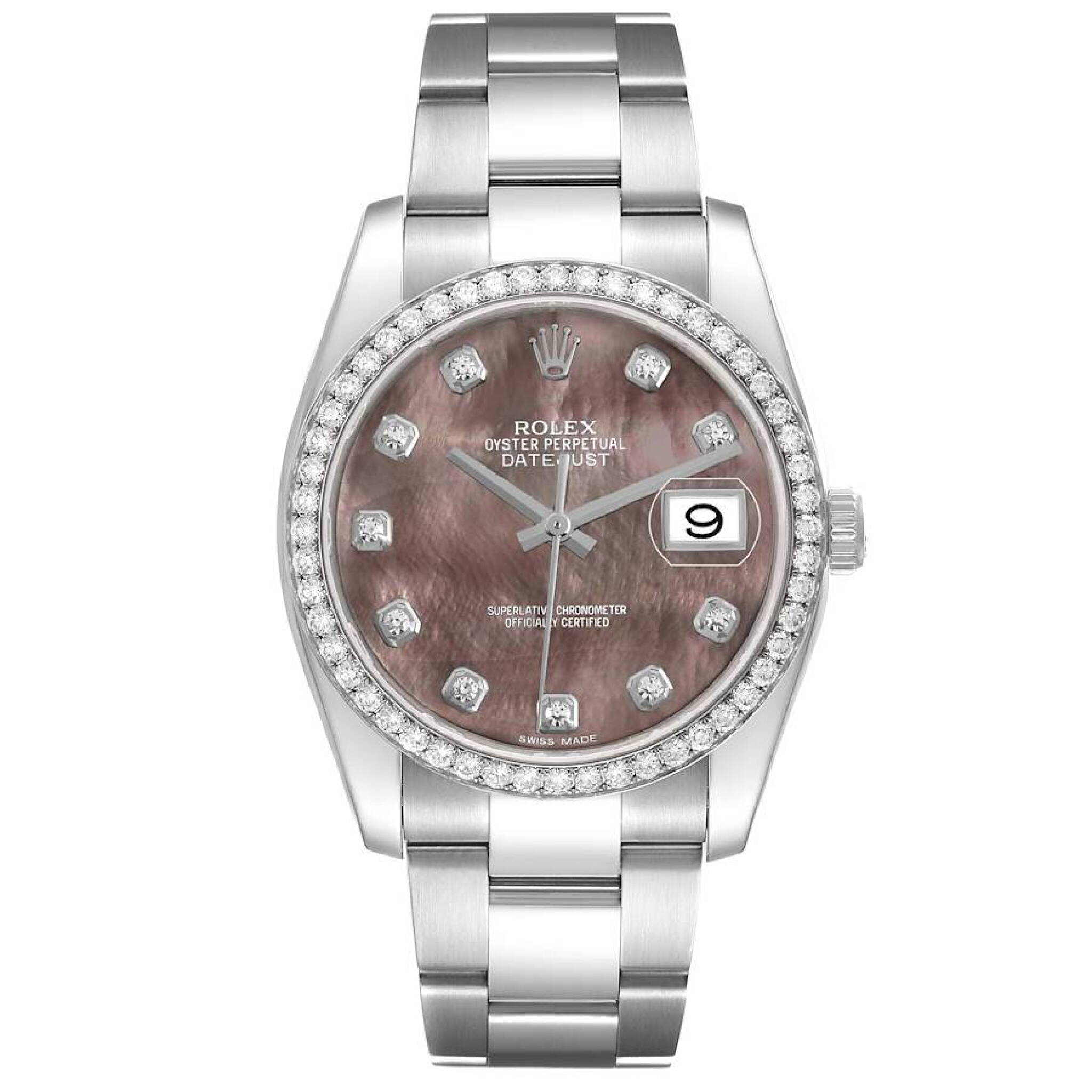 Datejust (Reference 116244). A 36mm white gold stainless steel diamond-set automatic wristwatch with date. 2021 — view 1