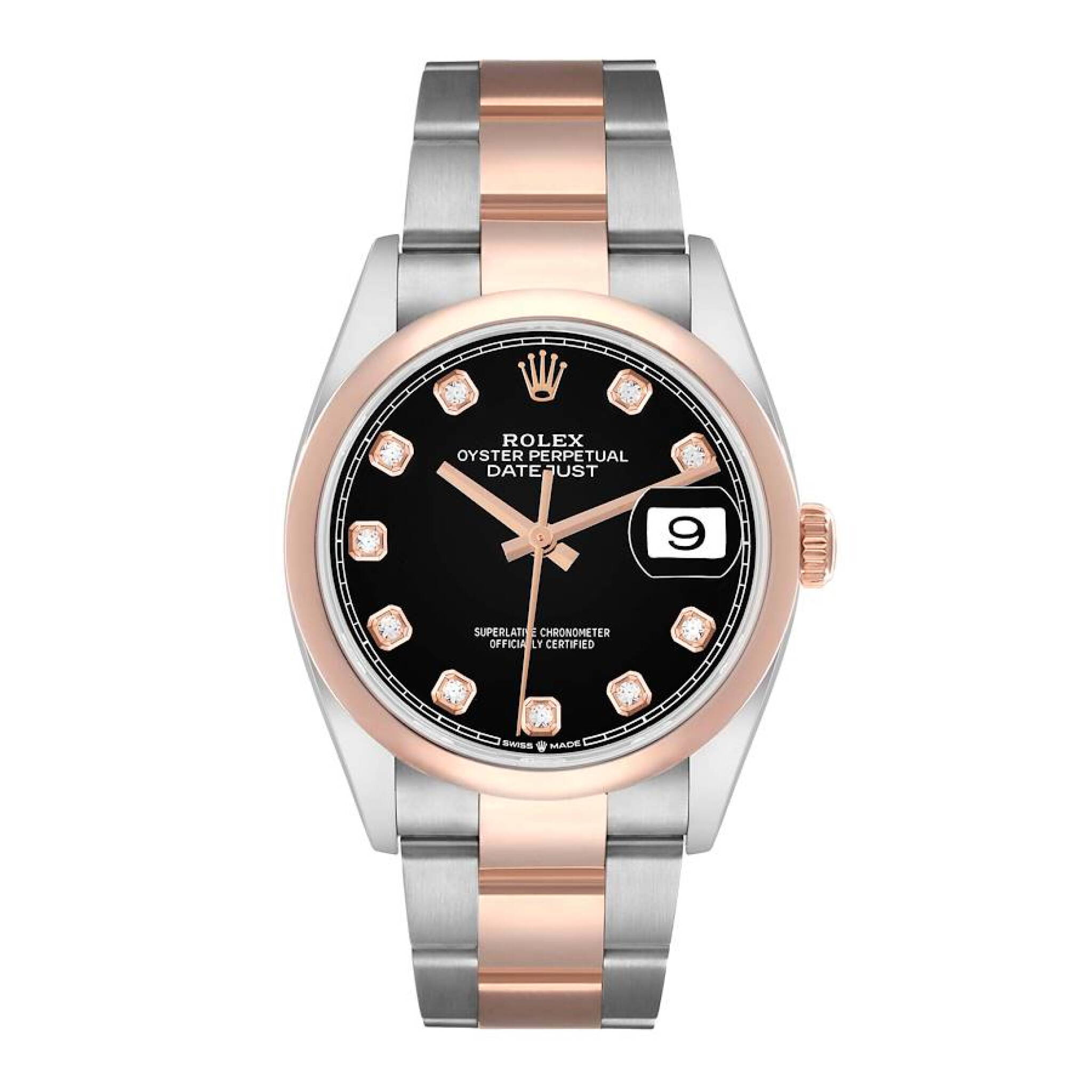 Datejust (Reference 126201). A 36mm rose gold stainless steel diamond-set automatic wristwatch with date. 2019 — view 1