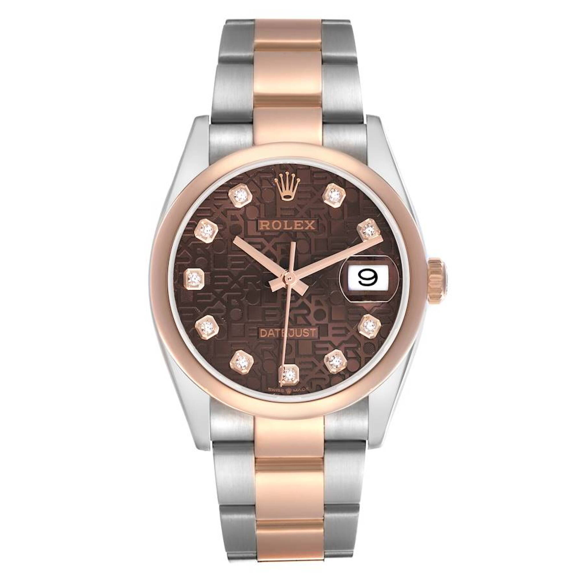 Datejust (Reference 126201). A 36mm rose gold stainless steel diamond set automatic wristwatch with date. 2021 — view 1