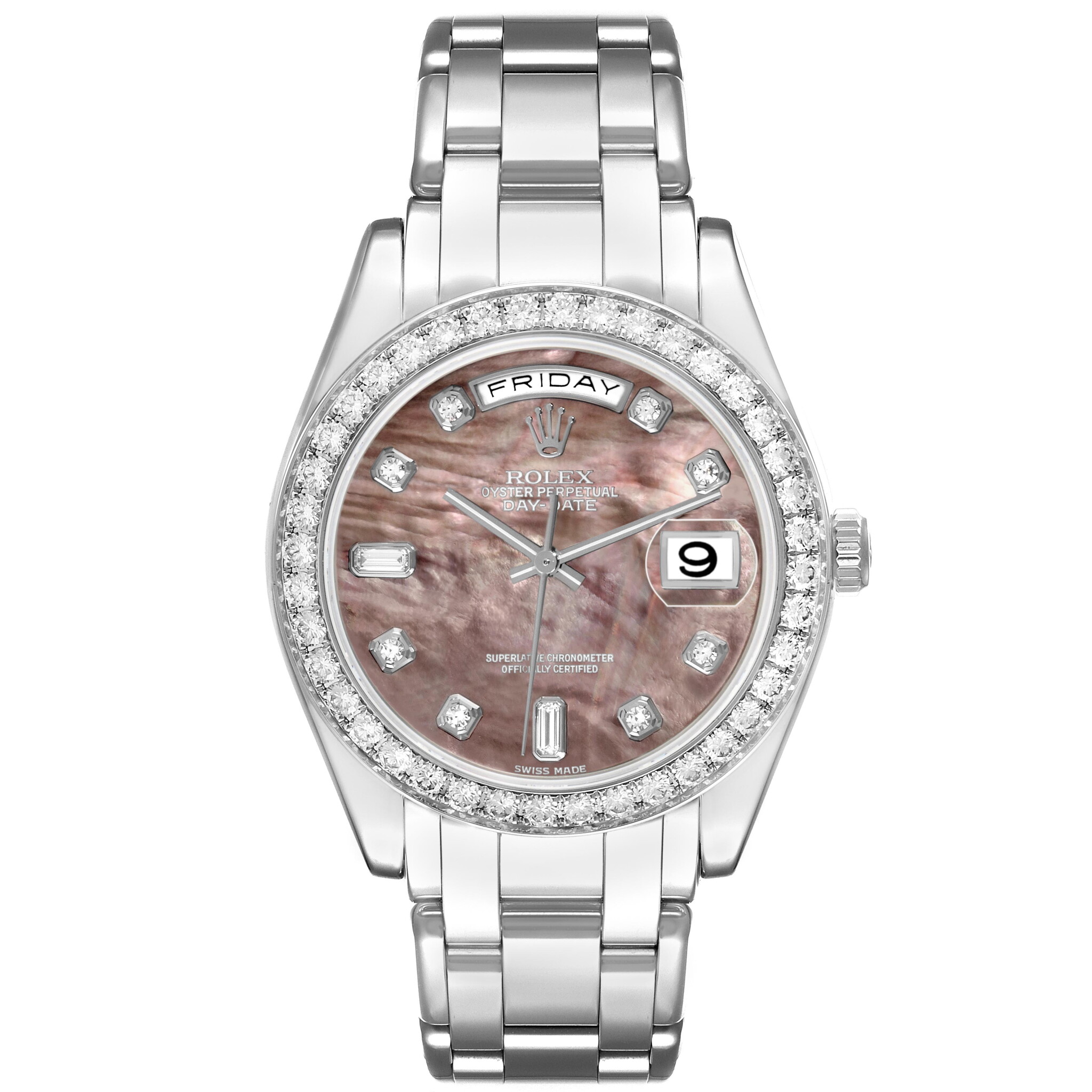 Day-Date (Reference 18946). A 39mm platinum diamond-set automatic wristwatch with day and date. 2001 — view 1