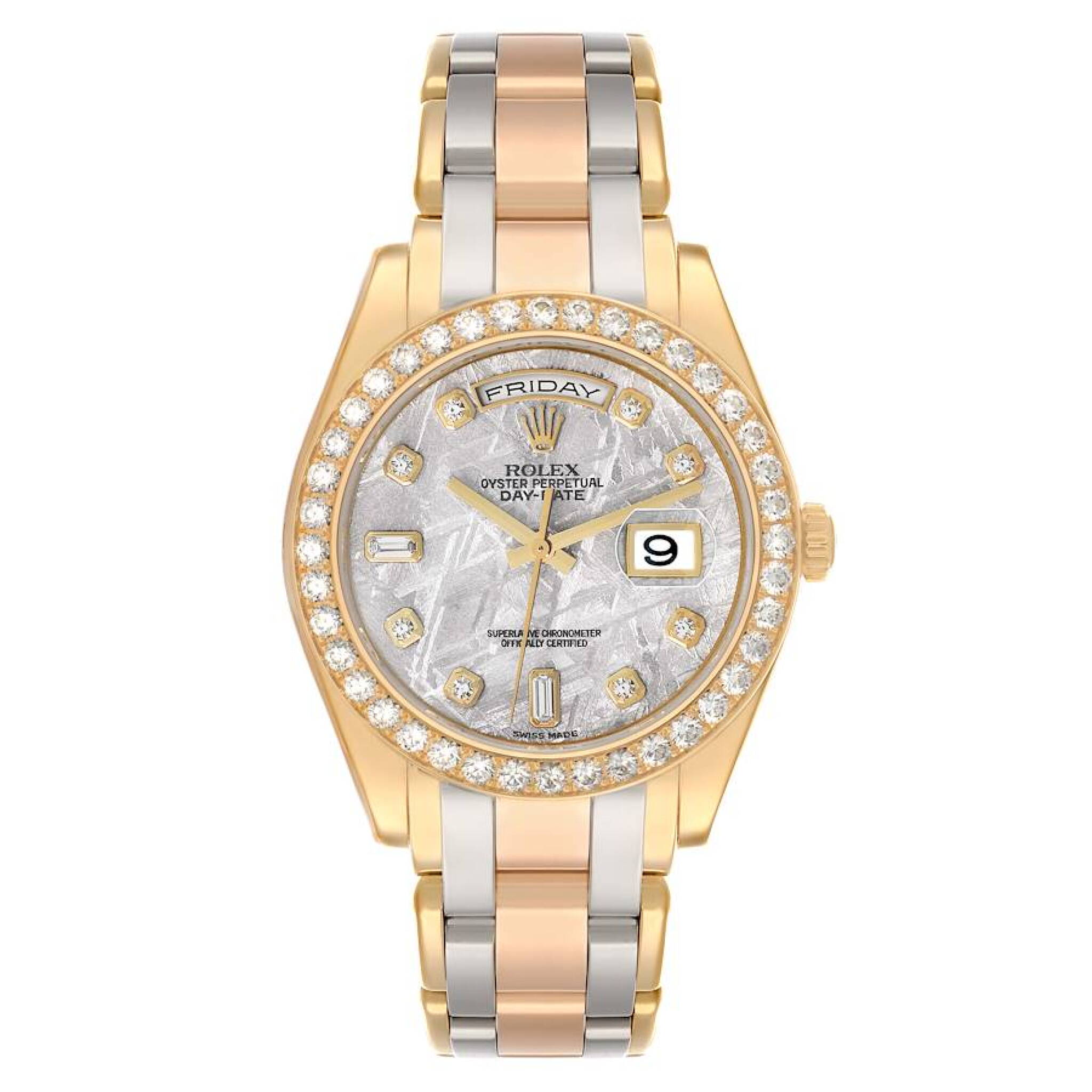 Day-Date Meteorite Dial (Reference 18948). A 39mm yellow, white, and rose gold diamond-set automatic wristwatch with date and day. 2008-2009 — view 1