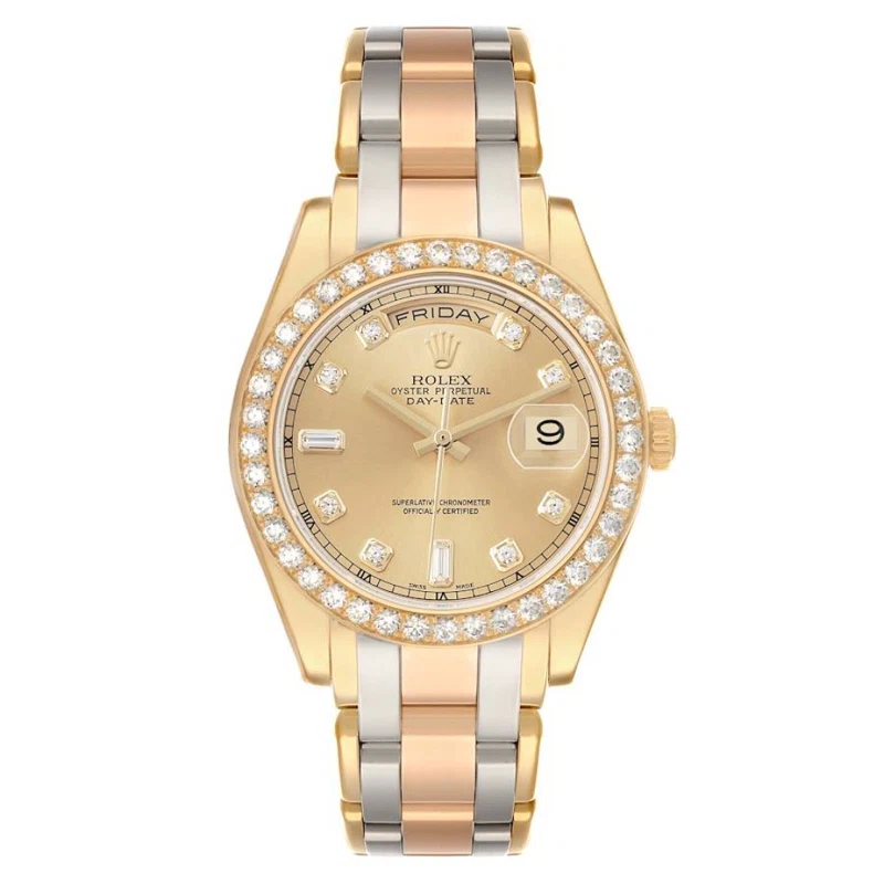 Pearlmaster Day-Date Tridor (المرجع 18948). ساعة يد من yellow, white, والذهب الوردي بقطر 39mm، مرصّعة بالألماس، بحركة أوتوماتيكية، مع التاريخ والتاريخ. 2015