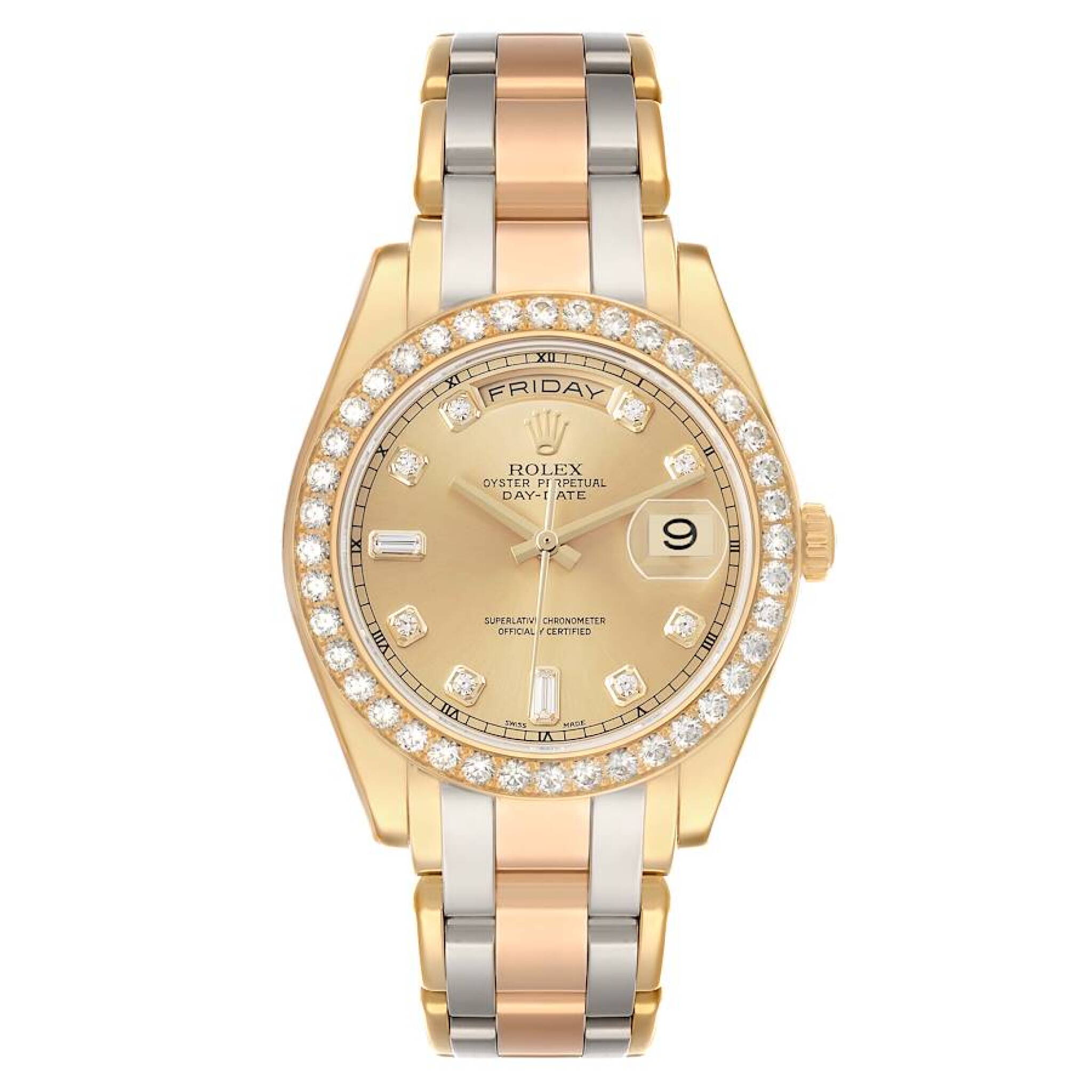 Pearlmaster Day-Date Tridor (Reference 18948). A 39mm yellow, white, and rose gold diamond-set automatic wristwatch with date and date. 2015 — view 1