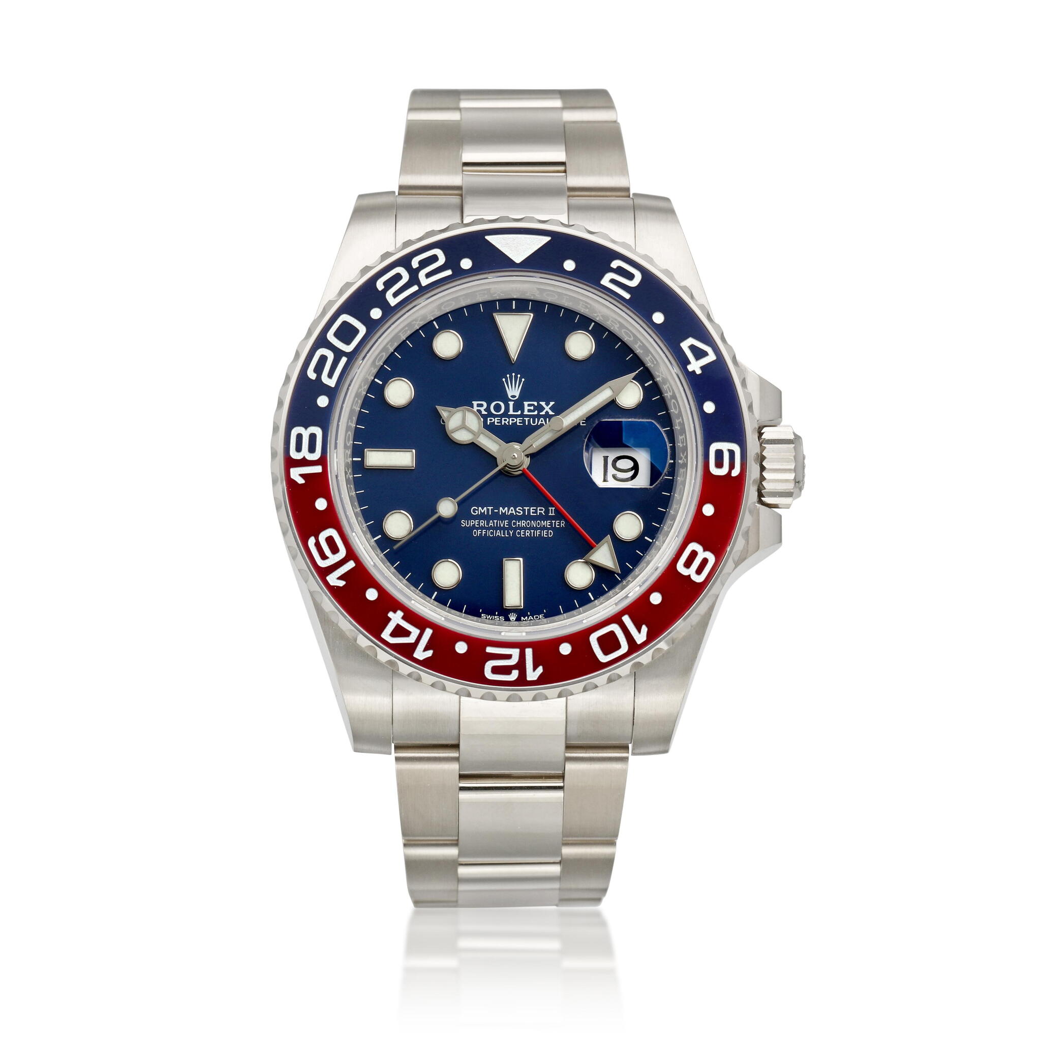 GMT Master II 'Pepsi' (Reference 116719BLRO). A 40mm white gold automatic wristwatch with date and dual time. 2022 — view 1