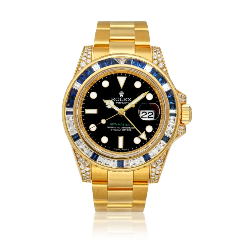 GMT-Master II (Reference 116758SA). A yellow gold, diamond and sapphire-set dual time zone automatic wristwatch with date and bracelet. Circa 2008